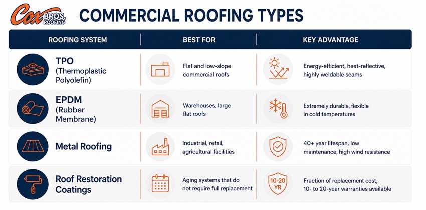 infographic detailing the information on commercial roofing types