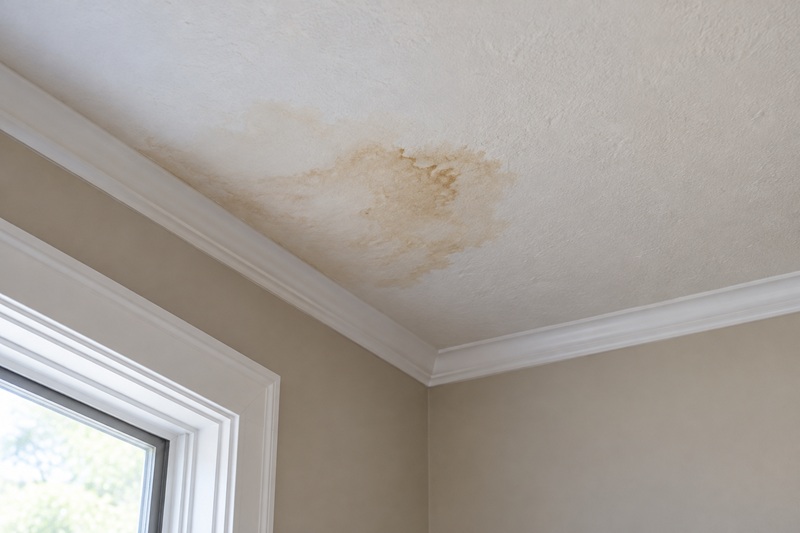 A ceiling with discoloration, possibly from water damage from a roof leak.