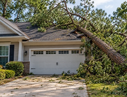 A home with a tree that fell on it, damaging the roof.